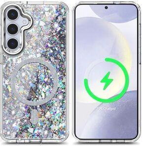 Glitter Clear Magnetic  Phone Case - Silver Sparkle for Samsung Galaxy S25& 24